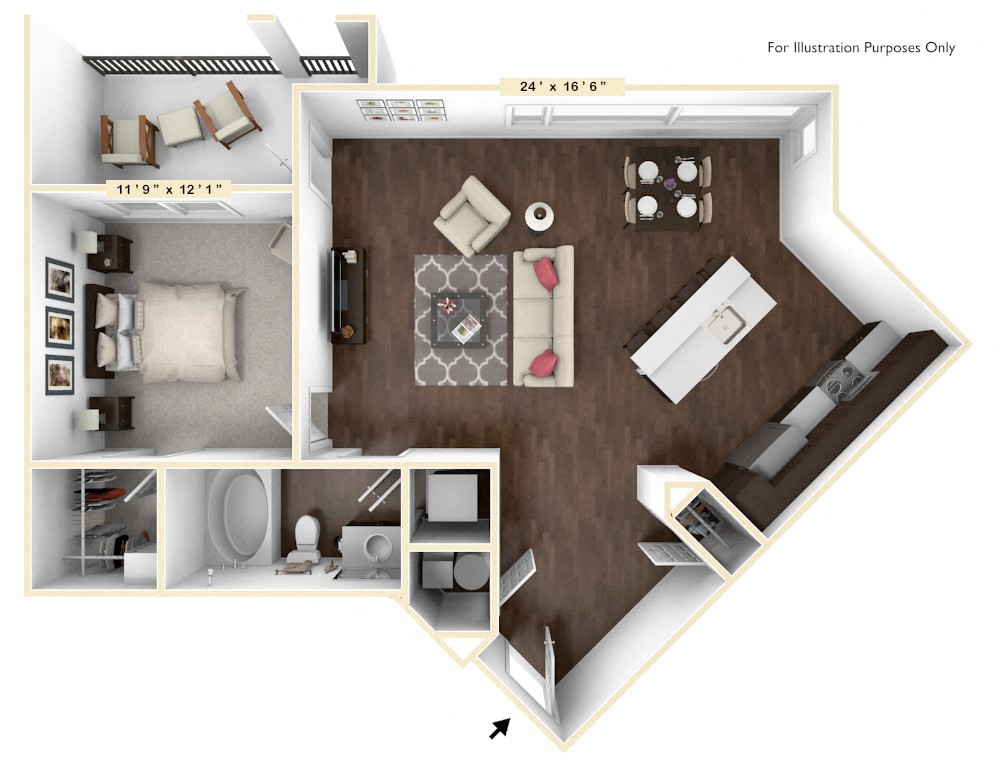 Floor plan for 1 bed, 1 bath, 881 sqft